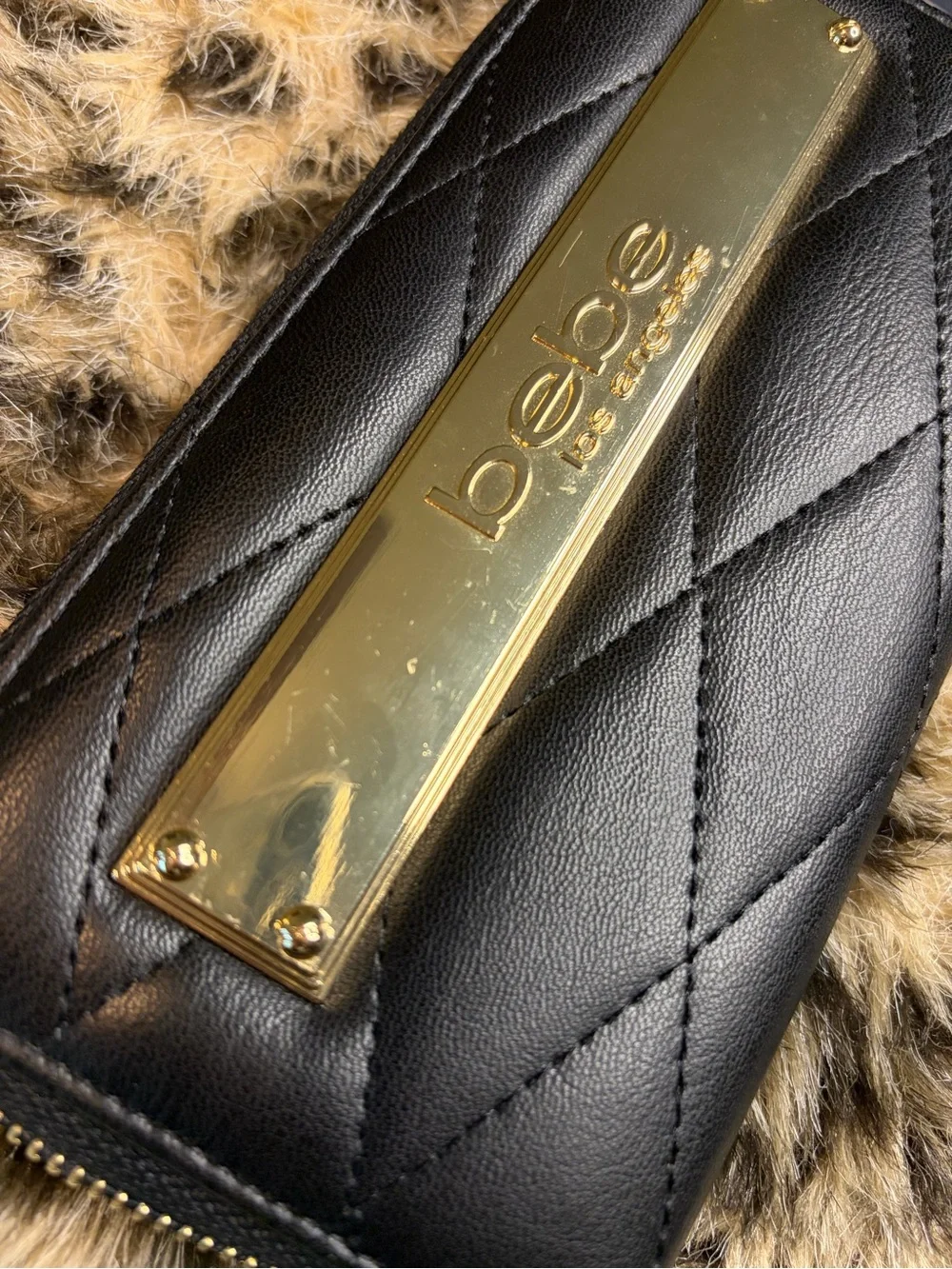 bebe Black Quilted Zip Wallet with Gold Logo Plaque #1329
